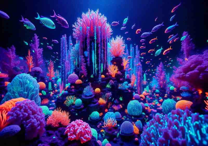 Neon Coral & Biolumi-Fish Metal Poster