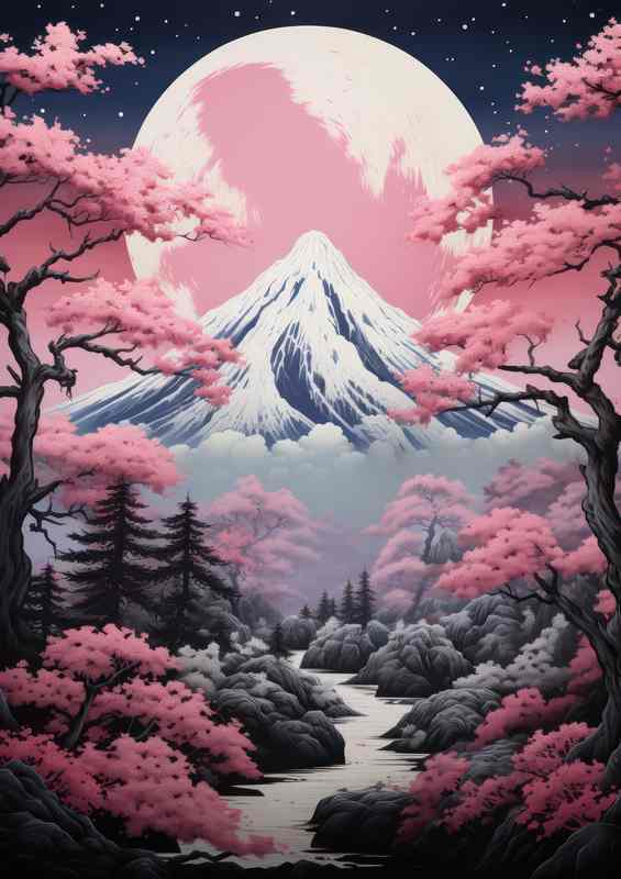 Mountainside Sakura View | Metal Poster