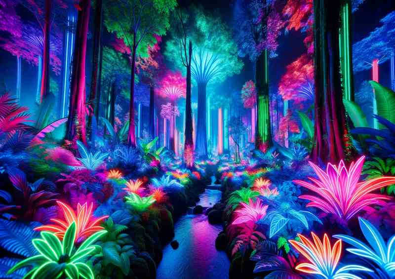 Wide angle image of a neon lit rainforest | Metal Poster