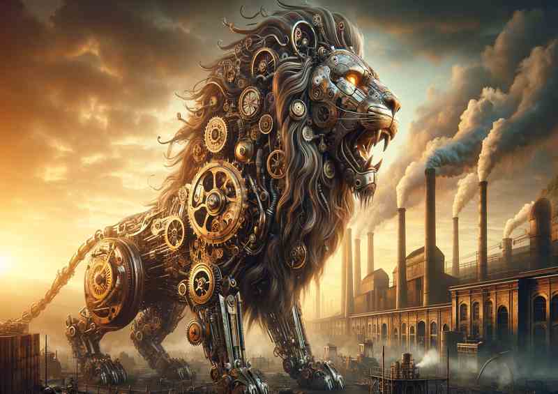 Mechanical Lion Roars at Dawn | Metal Poster