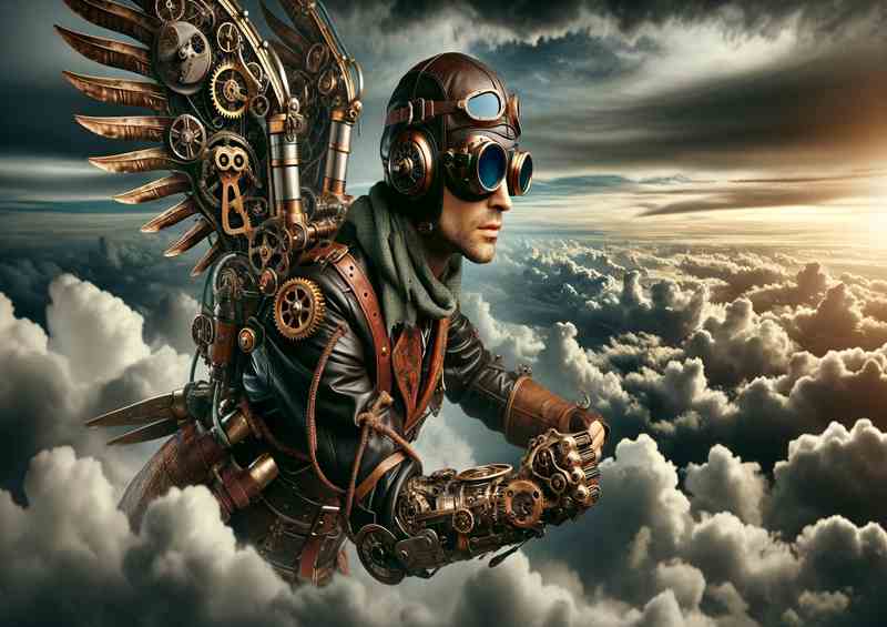 Steampunk Aviator Soars Above Clouds | Metal Poster