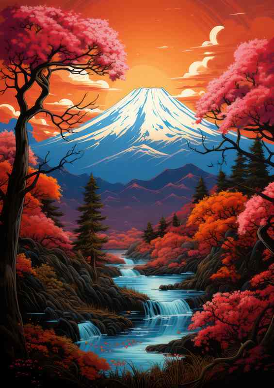 Japans Mountain Springs and Cherry Tree Blooms | Metal Poster