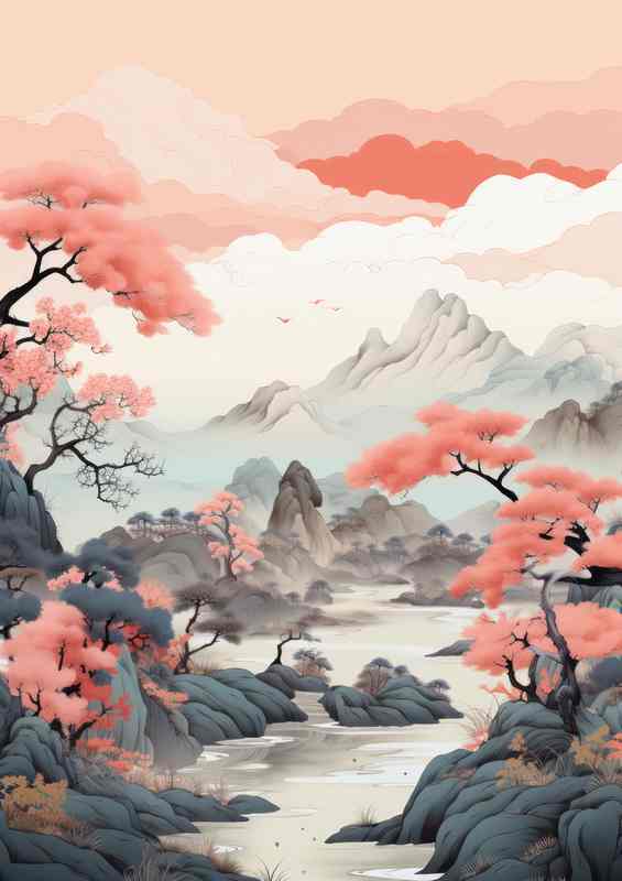 Japans Nature Trio Cherry Trees Mountains and Waterways | Metal Poster