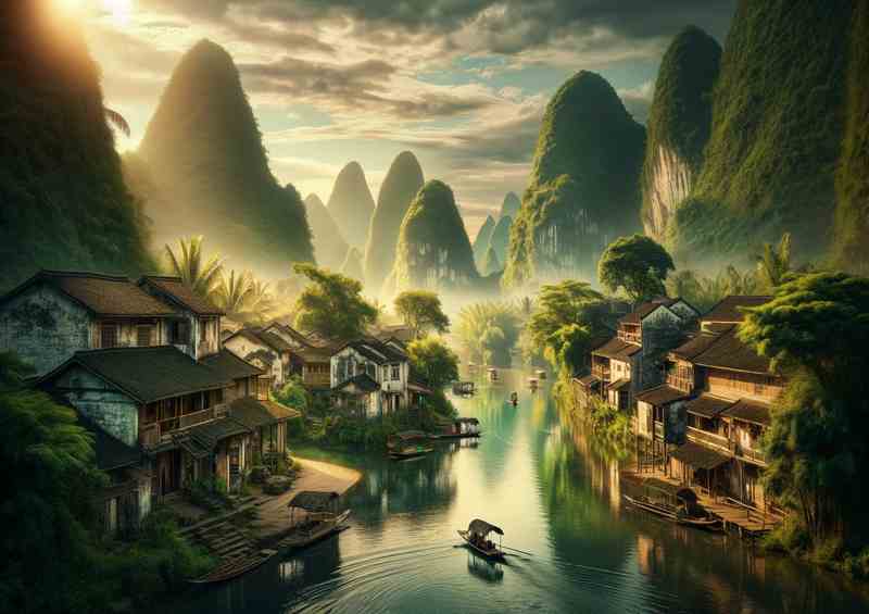 Tranquil Ancient Village River | Metal Poster