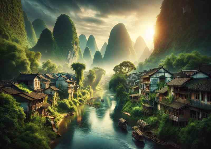 Tranquil Ancient Village River Landscape | Metal Poster