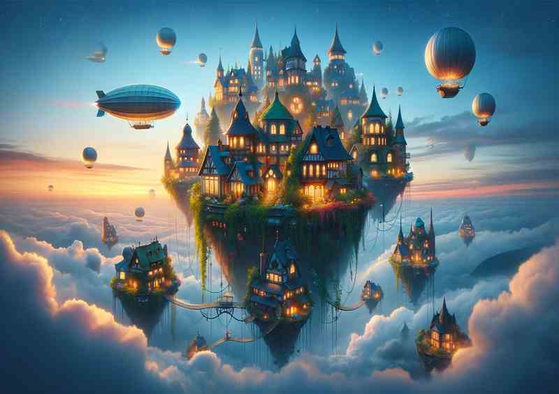 Whimsical Sky Village floating isles | Metal Poster
