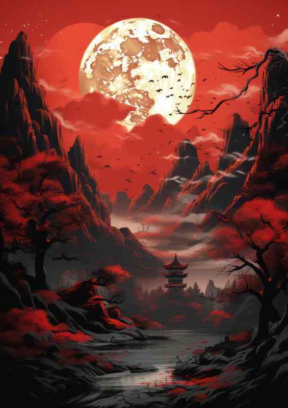 Majestic Mountains and Blooming skies with full moon | Metal Poster
