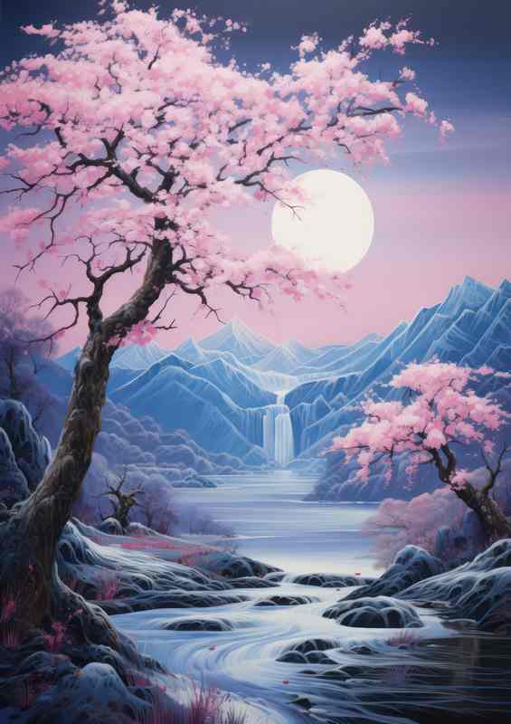 Mesmerizing Cherry Blossoms | Mountain Streams Metal Poster