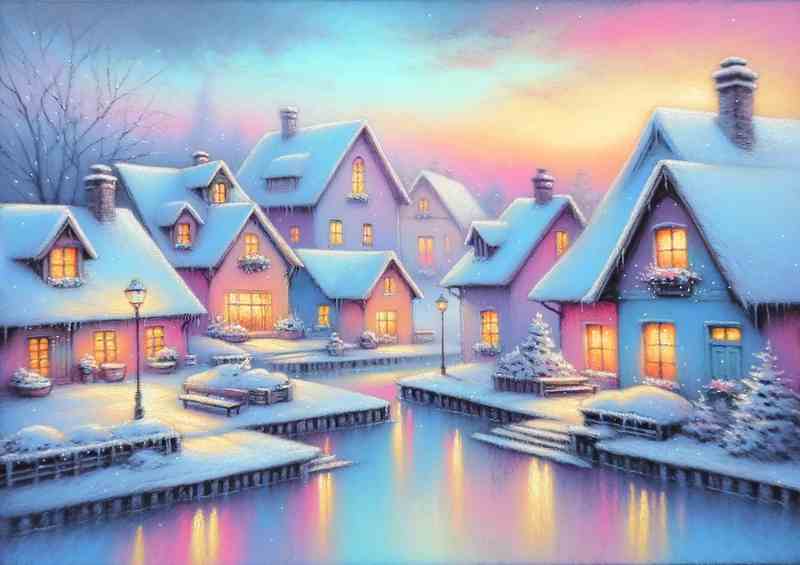 Pastel Peace A Snowy Village at Dusk | Metal Poster