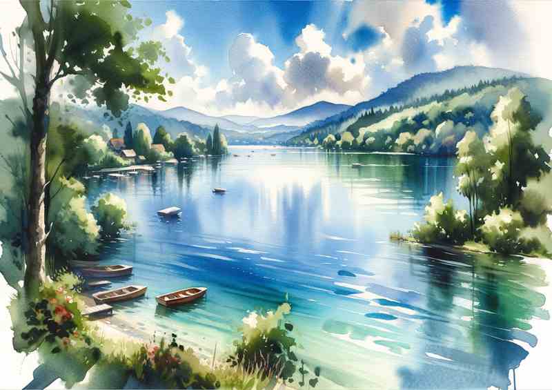 Summer Serenity A Lake View in Watercolor Style | Metal Poster