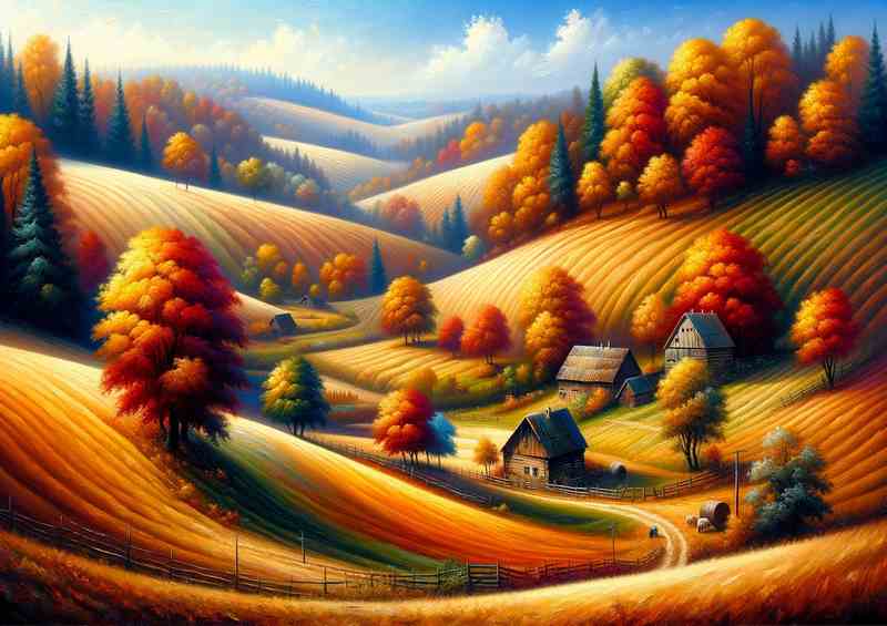 Autumns Harmony A Rural Landscape in Oil Painting Style | Metal Poster