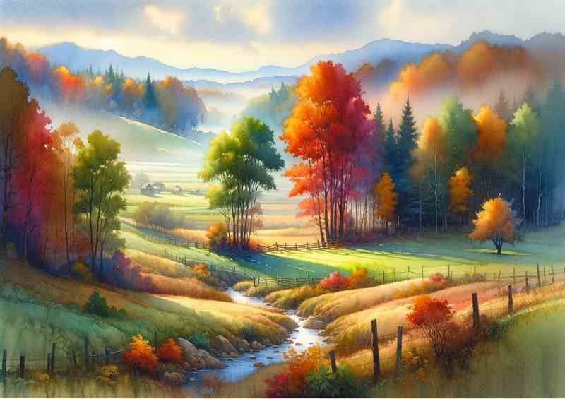 Autumns Whisper A Countryside in Watercolor Style | Metal Poster