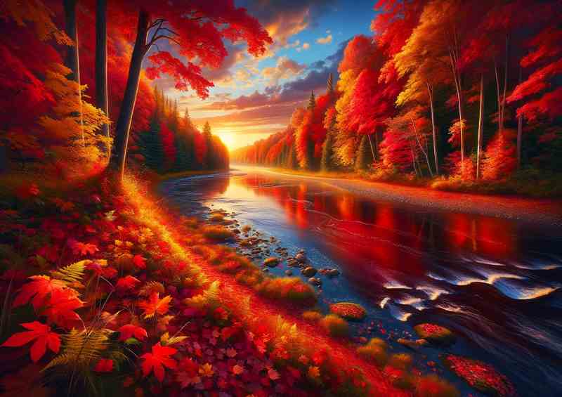 Crimson Canopy The Vibrant Autumn Riverbank | Metal Poster