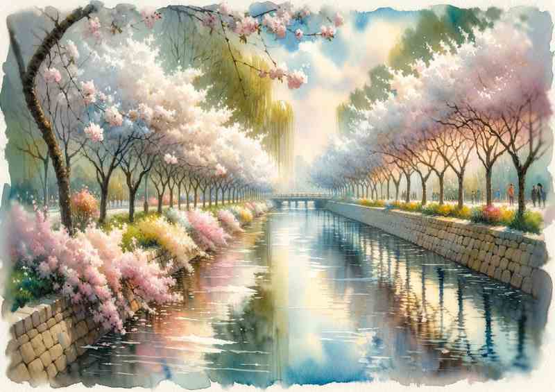 Springs Delight A Riverside Blossom in Watercolor Style | Metal Poster