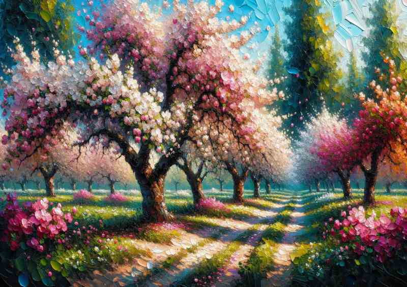 Springs Melody Blossoming Orchard Oil Painting Style | Metal Poster