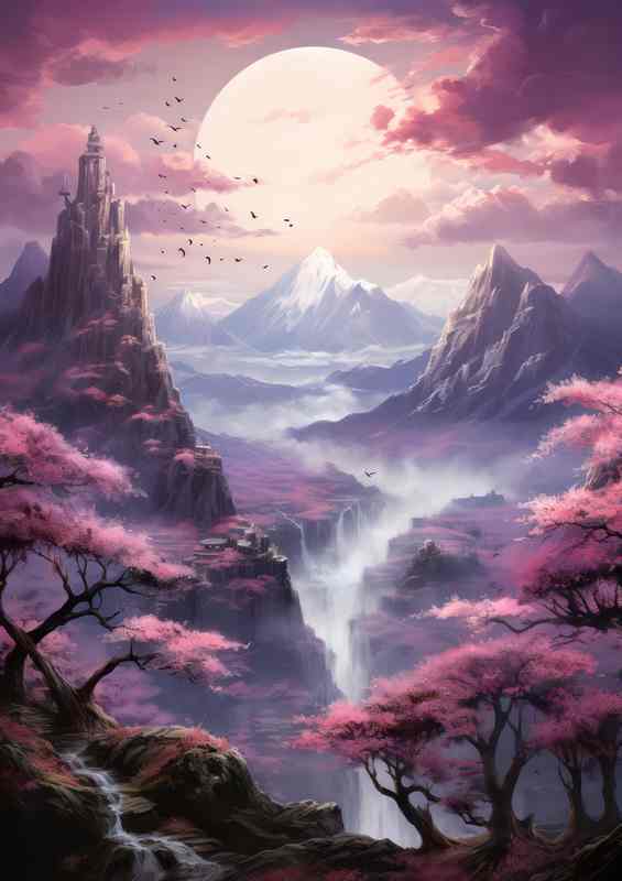 Sakura Season Mountains Lakes and Rivers | Metal Poster