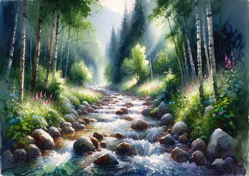 Summers Peace A Mountain Stream in Watercolor Style | Metal Poster