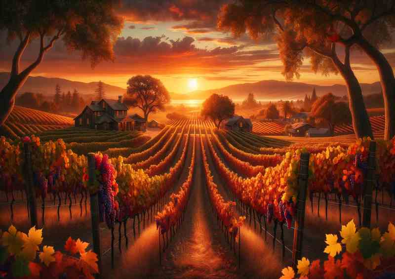 Sunset Symphony The Rustic Autumn Vineyard | Metal Poster