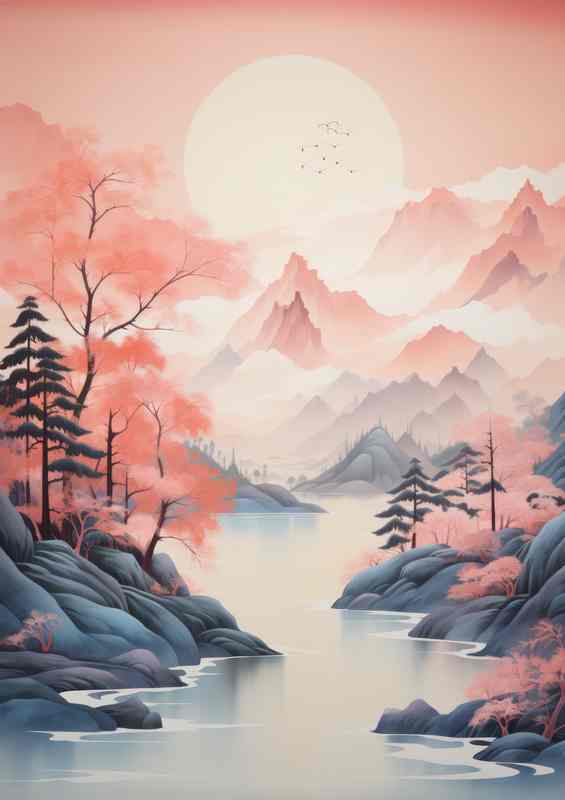 Sakura Serenity Lakes Mountains and Cherry Trees | Metal Poster