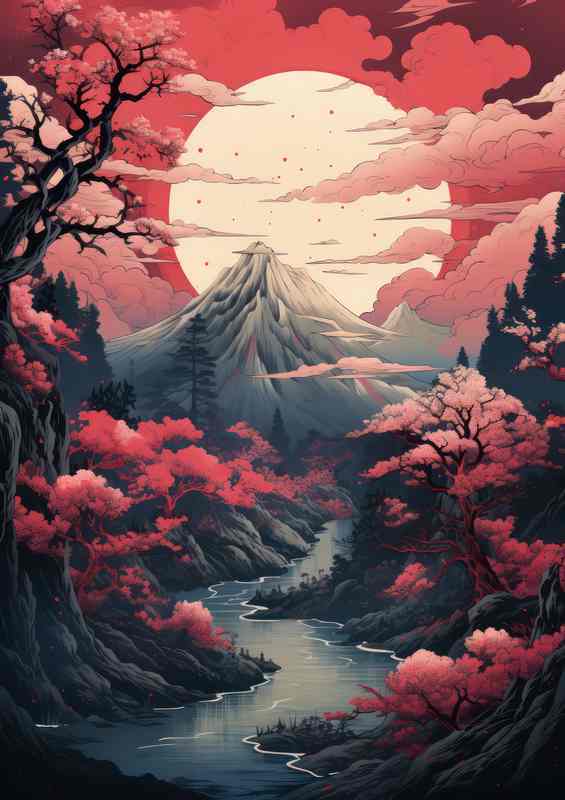 Sakura Sunsets Lakes and Mountains in Japan | Metal Poster