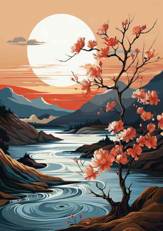 Japan Sakura Mountain Poster