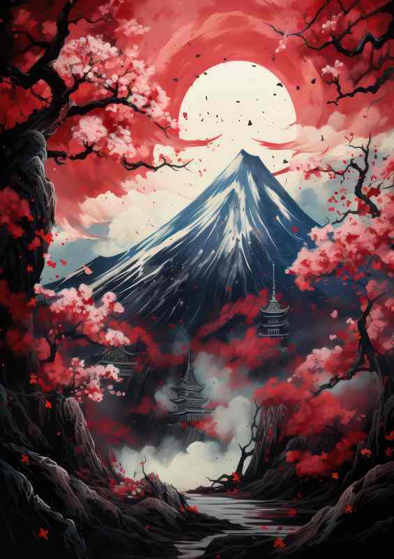 Japan Mountains Waters and Blossoms | Metal Poster