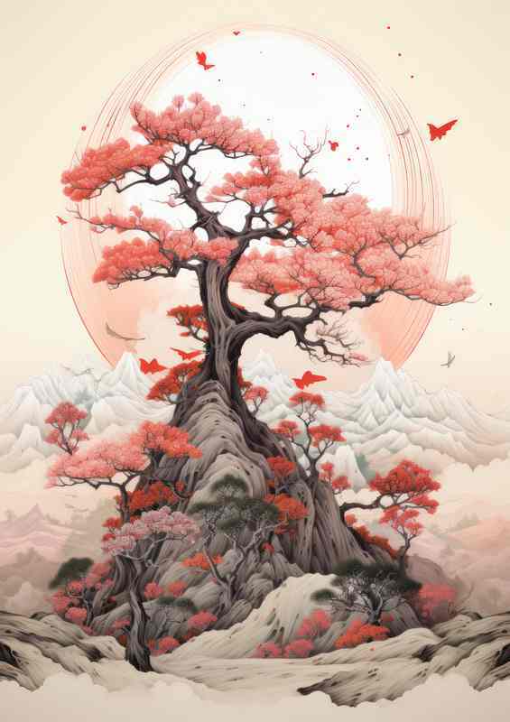 Tranquil Moments Japanese Mountains and Cherry Blossoms | Metal Poster