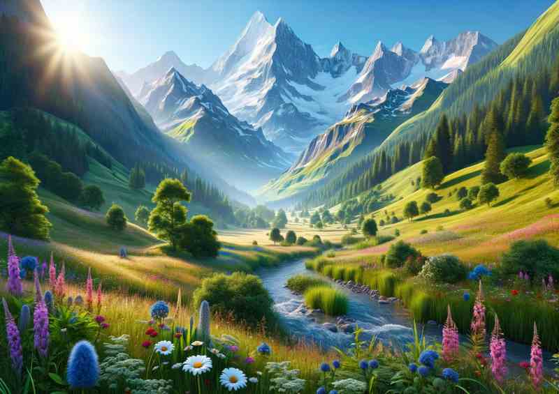Summer morning in the Swiss Alps Majestic mountains | Metal Poster
