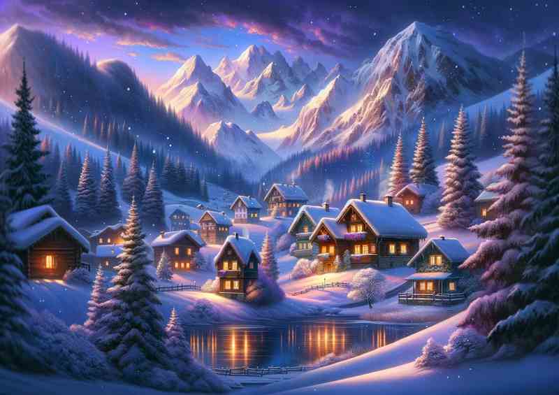 Winters Whisper A Mountain Village at Twilight | Metal Poster