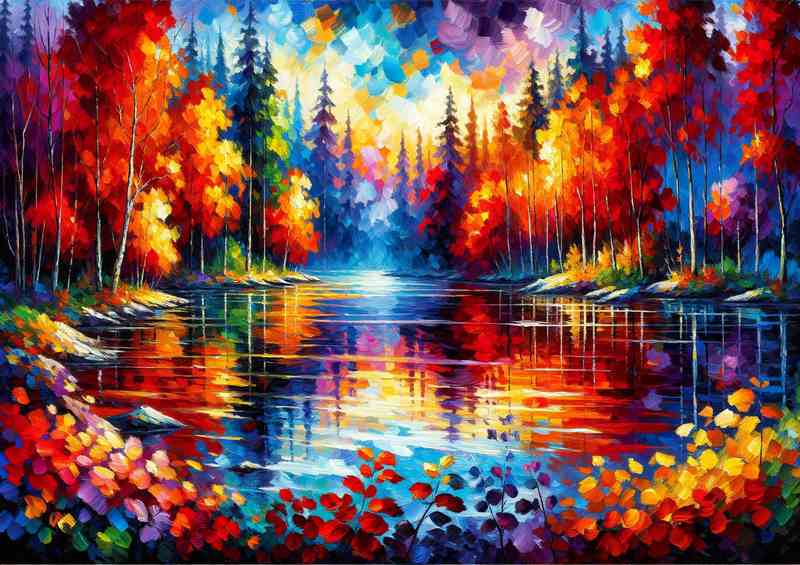 Autumns Glow A Forest Lake in Fauvist Style | Metal Poster