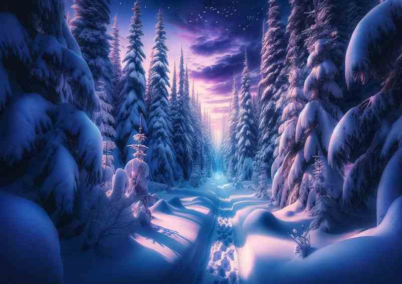 Enchanted Twilight A Snowy Forest Path in Canada | Metal Poster