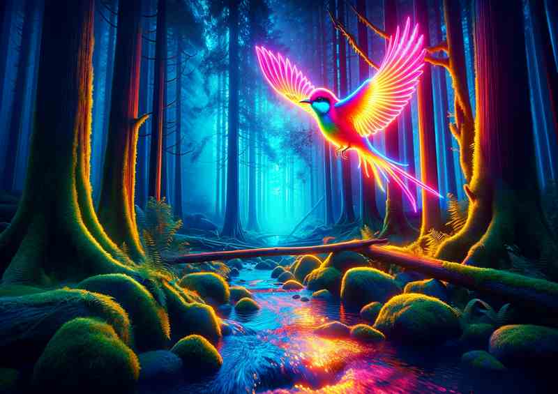 Flight Neon Bird Over Twilight Stream | Metal Poster