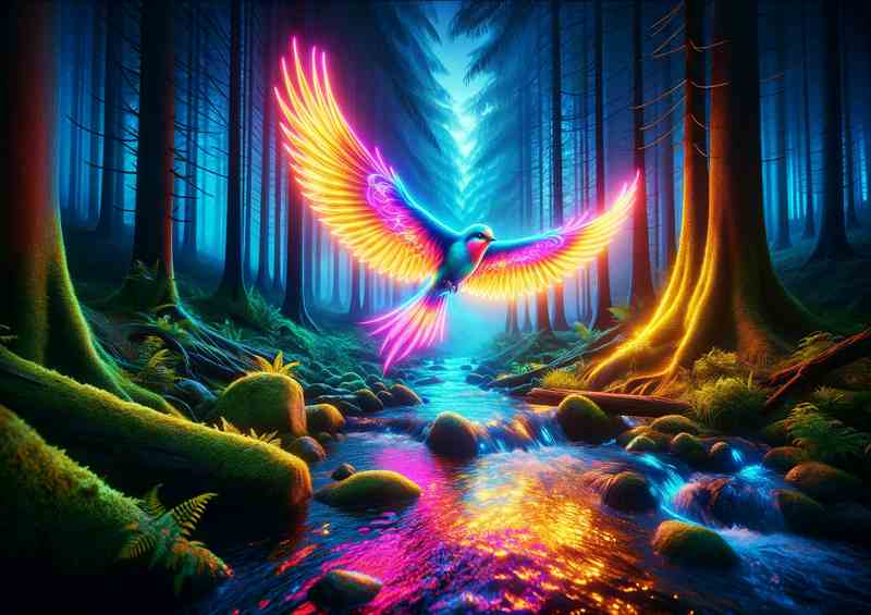 Glowing Flight Neon Bird Over Twilight | Metal Poster