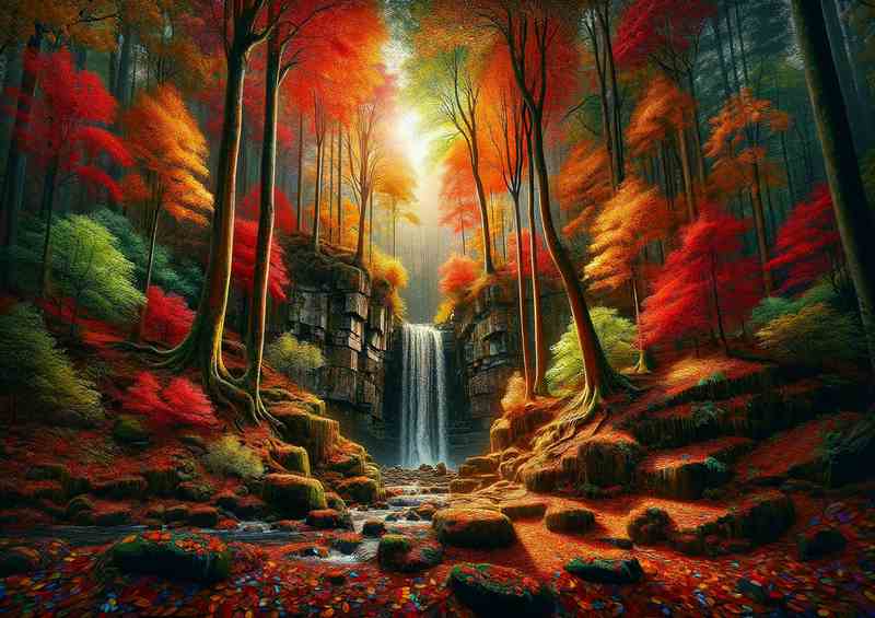 Secluded autumn forest with a hidden waterfall | Metal Poster