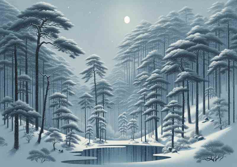 Whispering Pines A Snowy Evening in a Japanese Forest | Metal Poster