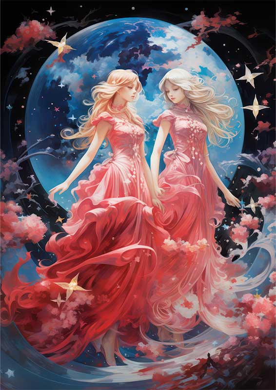 Anime girls in pink gowns playfully surrounded by stars | Metal Poster