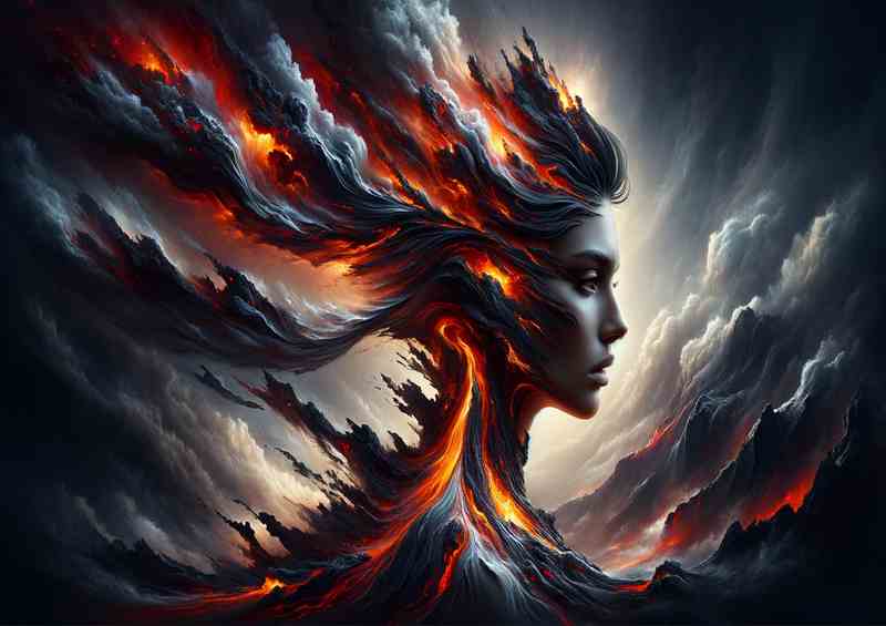 Volcanic Spirit Woman Profile Volcanic Eruption Fusion | Metal Poster