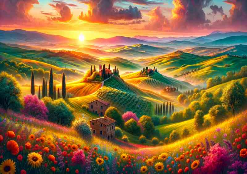 Enchanted Bloom Spring Sunrise over the Tuscan Hills | Metal Poster