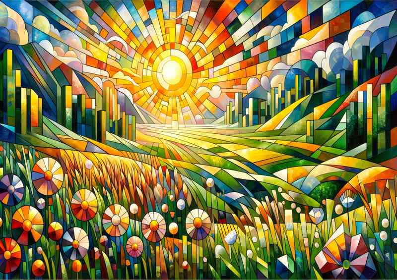 Serenade of Spring A Meadow at Sunrise in Cubist Style | Metal Poster