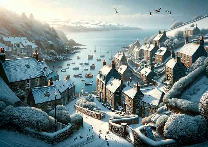 Snowy Serenity A Winter Morning in a Cornish Village | Metal Poster