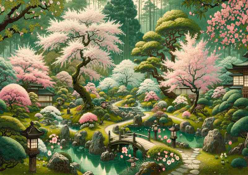 Springs Harmony Blossoming Gardens of Kyoto Japan | Metal Poster