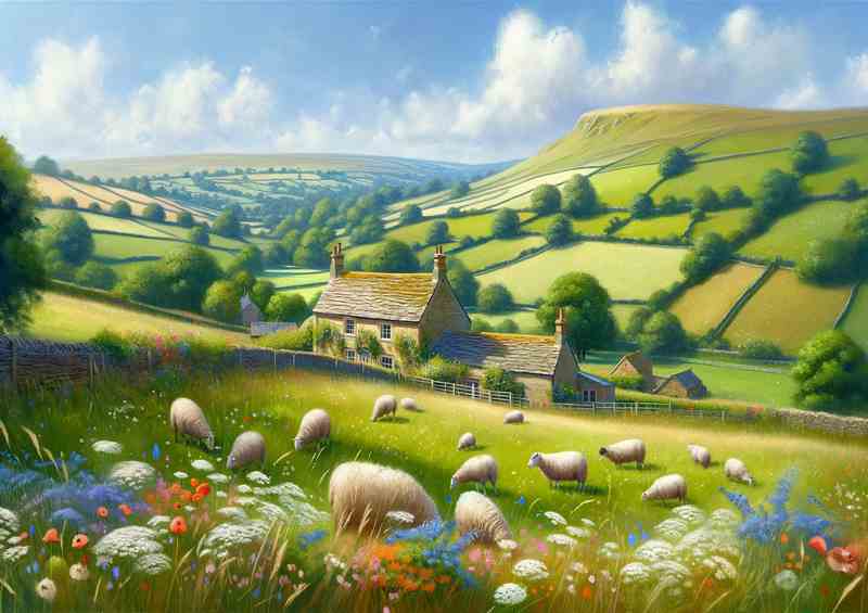 English Countryside Metal Poster: Summer's Hills & Wildflowers