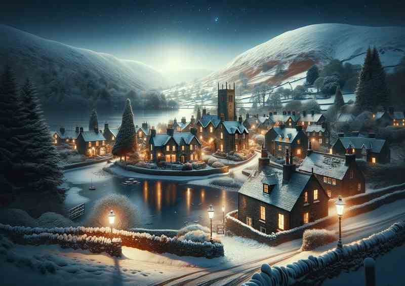 Winters Glow A Snowy Night in a Lake District Village | Metal Poster