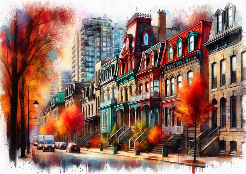 Autumn Streets Montreal Metal Poster: Colorful Victorian Houses