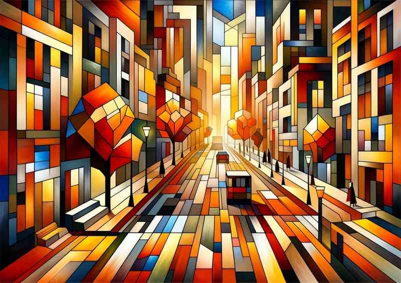 Autumns Glow A City Street in Cubist Style | Metal Poster
