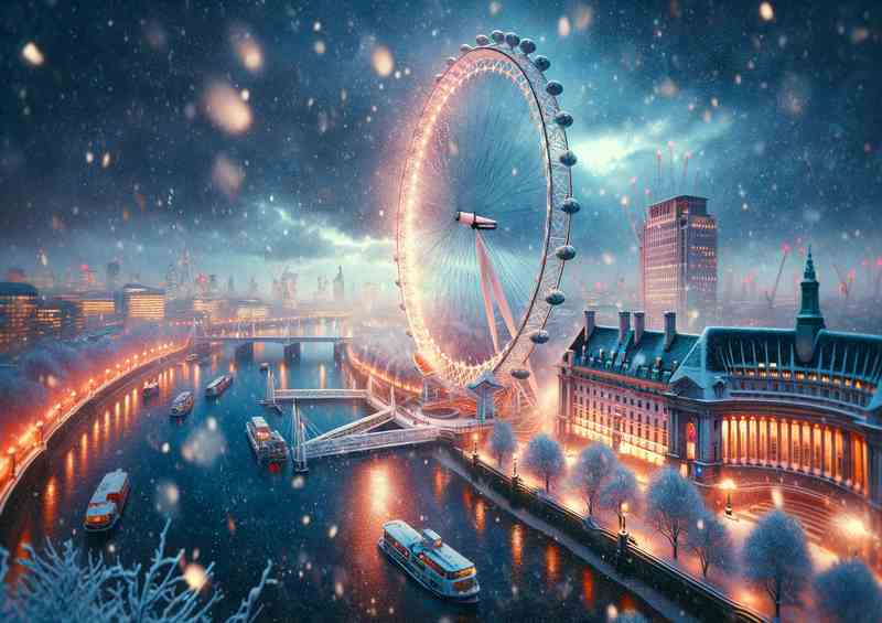 Frosty Twilight Snowfall Over the London Eye | Metal Poster