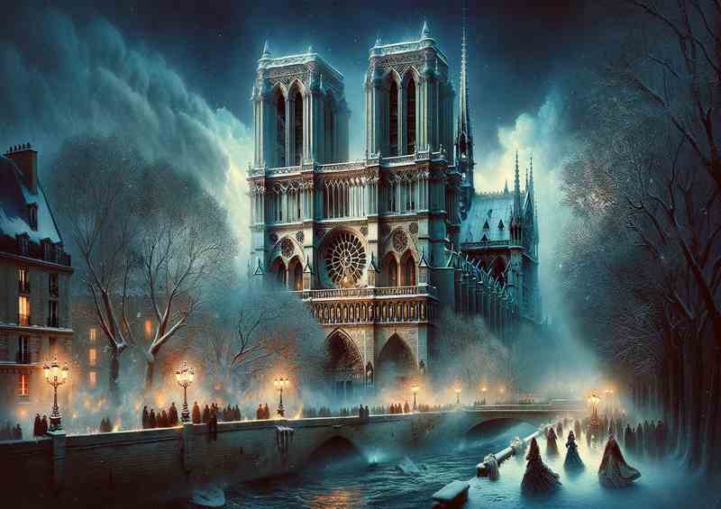 Neo Gothic Snowy Evening at Notre Dame Cathedral | Metal Poster