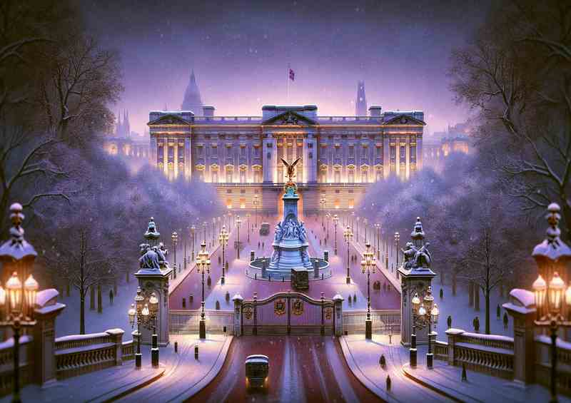 Snowy Serenade Winter Evening at Buckingham Palace | Metal Poster