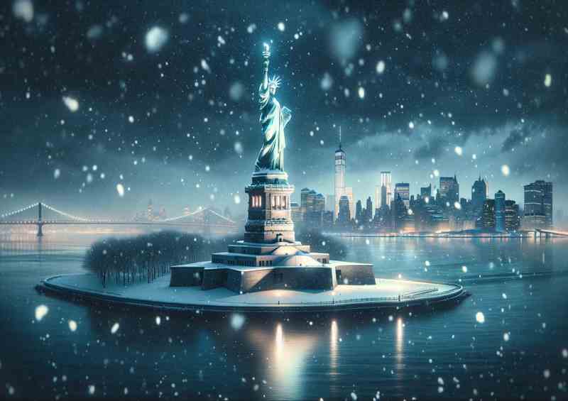 Snowy Sojourn Winter Night at the Statue of Liberty Poster
