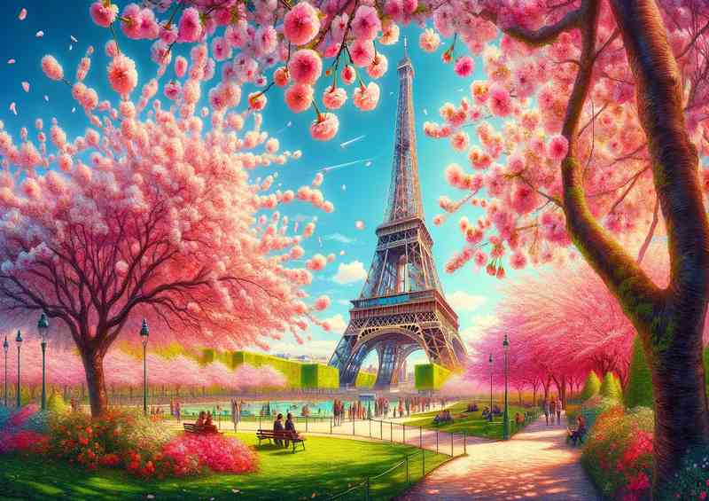 Eiffel Tower Cherry Blossoms Metal Poster